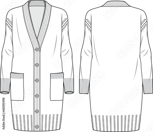 Women's Button-up Detail, Long Line Cardigan. Technical fashion illustration. Front and back, white color. Women's CAD mock-up.