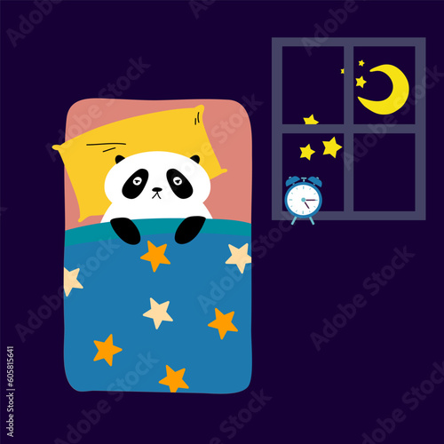Panda suffering from insomnia at night. Vector illustration.