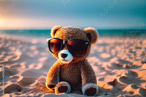 Teddy bear in sunglasses on sandy beach by sea, ocean at sunset. Generative AI.