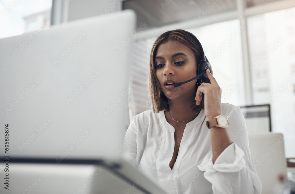 Laptop, headset and a woman in call center for customer service, telemarketing or help desk. Female person, consultant or agent with technology for contact us, telecom support or crm at a company Laptop, headset and a woman in call center for customer service, telemarketing or help desk. Female person, consultant or agent with technology for contact us, telecom support or crm at a company