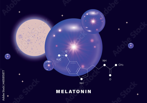 Concept of sleep disorder treatment. Sleep pill icon, dose drug melatonin, zzz. Night gradient sky illustration and moon, stars. Concept of sleep disorder treatment, good dream