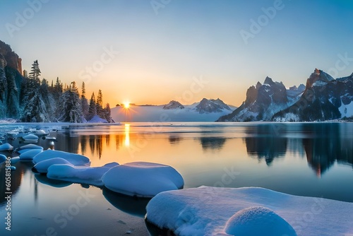 A winter wonderland scene featuring a frozen lake surrounded by snow-covered trees
