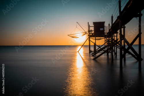 Fishing hut on stilts coast of Atlantic ocean at sunset near La Rochelle, Charente Maritime, France photo