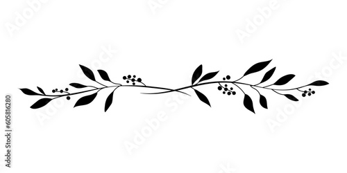 Monochrome elegant floral divider of two branches with leaves and berries. Logo element for laurel wreaths. Hand drawn line wedding grass leaves for invitation save the date card