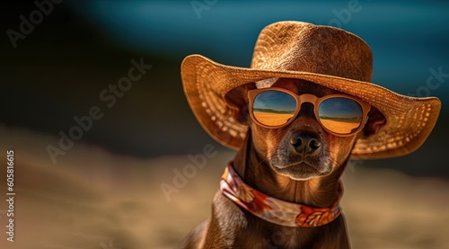 Dog with sunglasses and hat enjoying the sunny summer day, stylish puppy in vacation. Generative AI.