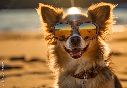 Adorable chihuahaa mit sunglasses in the outdoors, small dog very happy with itself smiling at the sunny das. © Caphira Lescante