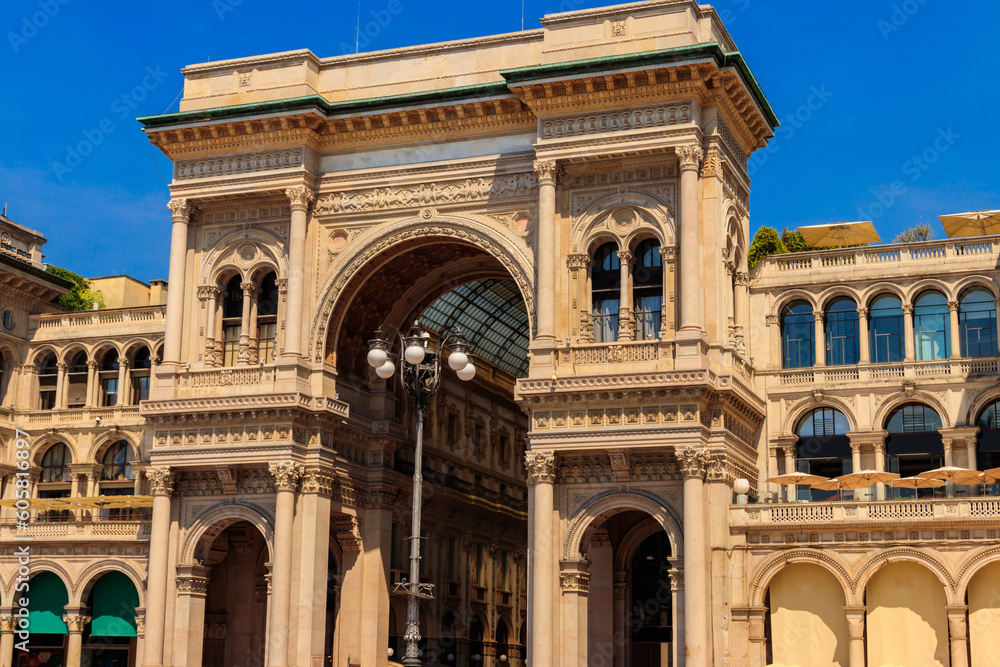 Facade of Vittorio Emanuele Gallery on the Piazza del Duomo (Cathedral Square) in Milan, Lombardy, Italy