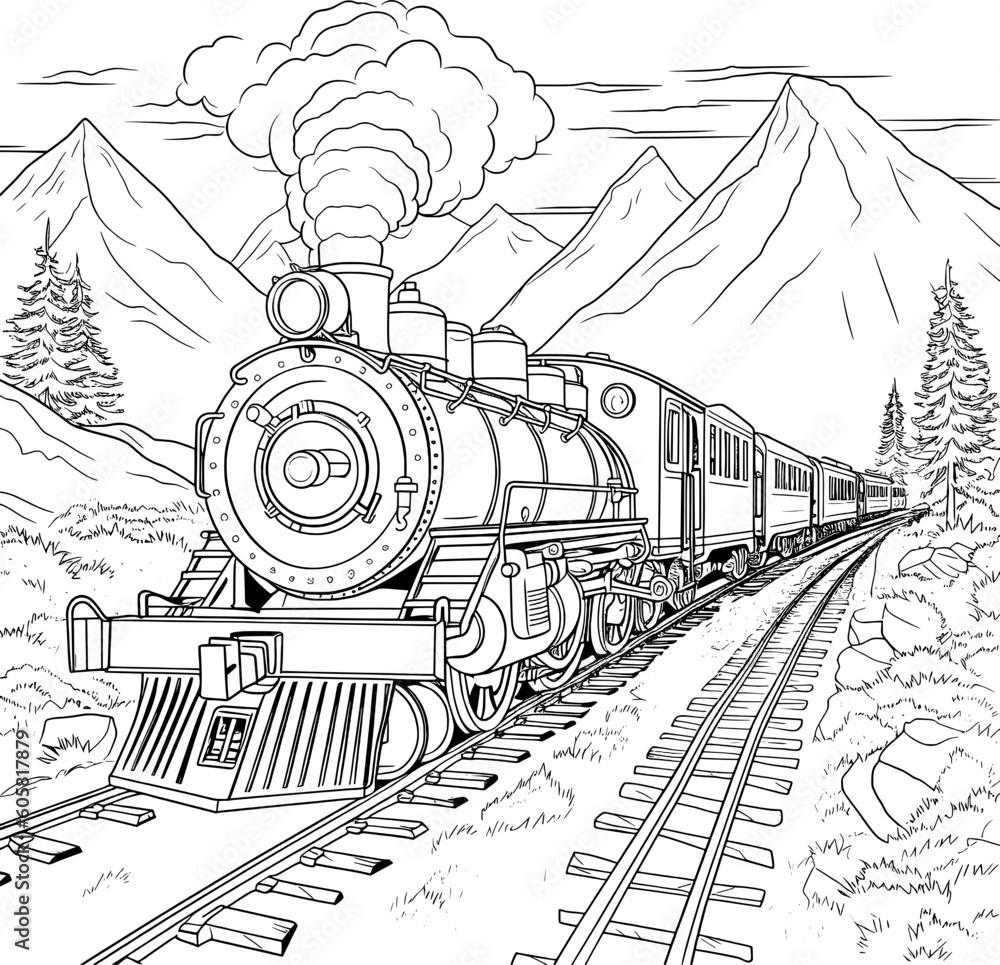 Train Coloring Page Illustration Stock Vector | Adobe Stock