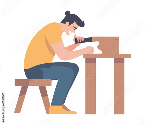 Carpenter sitting repairing with work tools