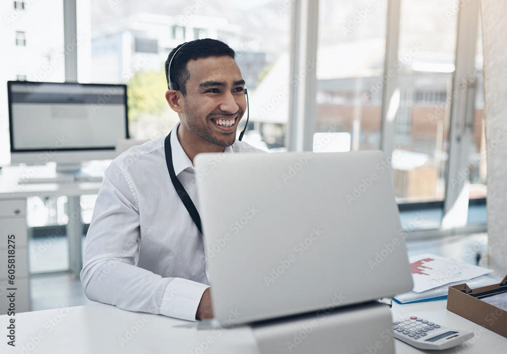 Fototapeta premium Finance advice, support and headset with a man accountant at work on his laptop in the financial office. Computer, customer service and assistance with a male broker working in an investment firm