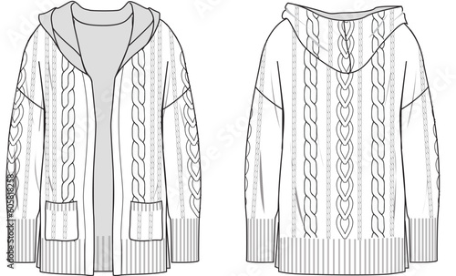 Women's Cable Cardigan. Technical fashion illustration. Front and back, white colour. Women's CAD mock-up.