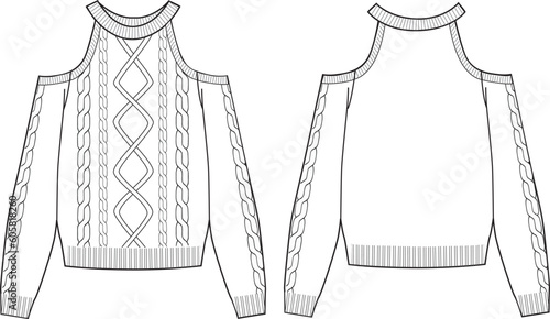Women's Cable Front Cold Shoulder Sweater- Technical fashion illustration. Front and back, white colour. Women's CAD mock-up.