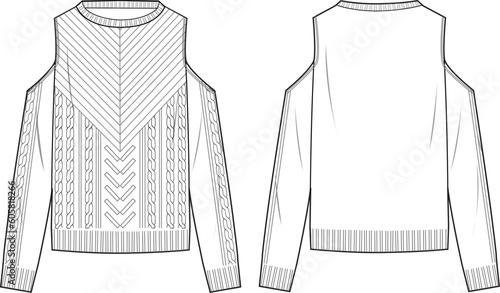 Women's Cable Front Cold Shoulder Sweater- Technical fashion illustration. Front and back, white colour. Women's CAD mock-up.