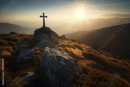 Christian cross on top of the mountain with sunlight and sunrays. Ai generated