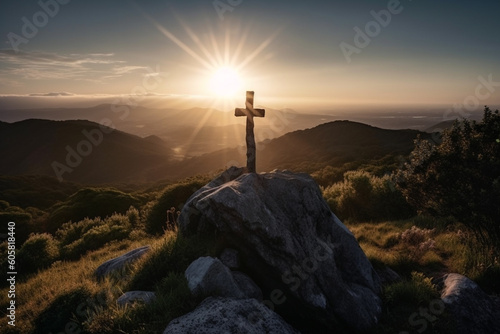 Christian cross on top of the mountain with sunlight and sunrays. Ai generated © dragomirescu