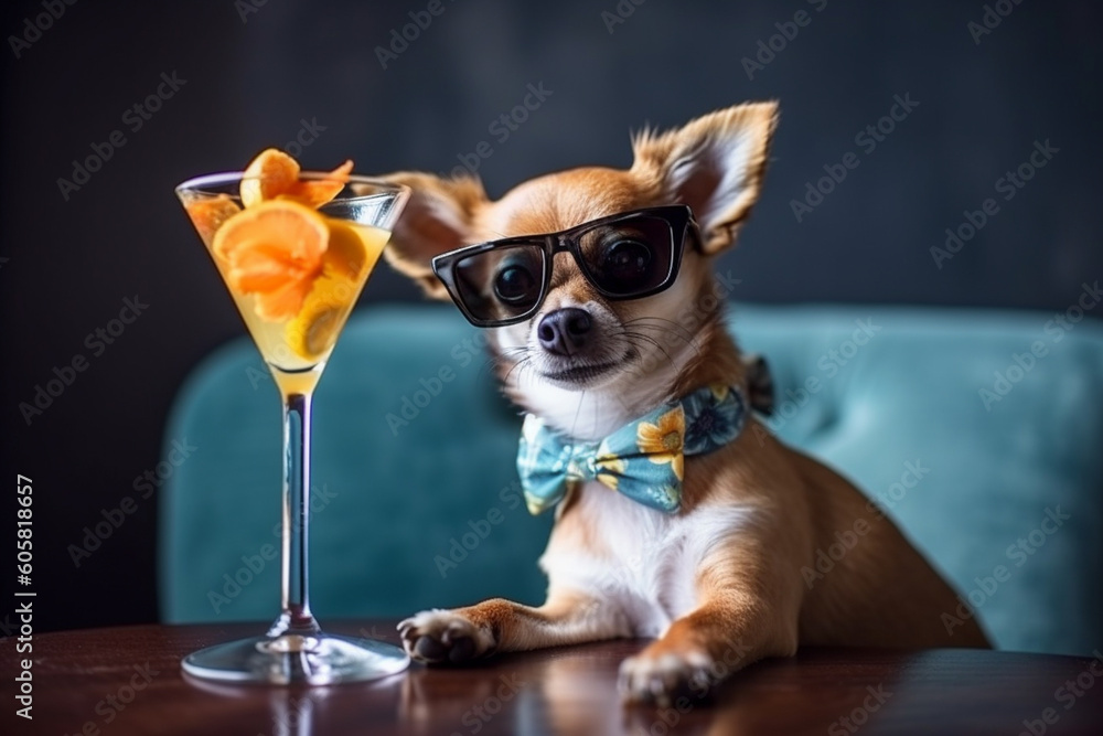 Cute funny dog with sunglasses and a cocktail. Ai generated