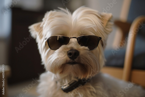 Cute funny dog with sunglasses. AI generated © dragomirescu