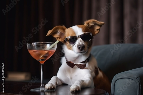 Cute funny dog with sunglasses and a cocktail. Ai generated © dragomirescu