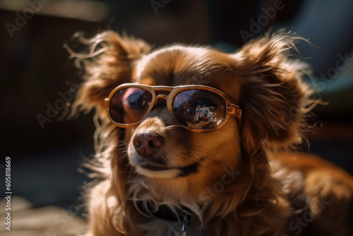 Cute funny dog with sunglasses. AI generated © dragomirescu