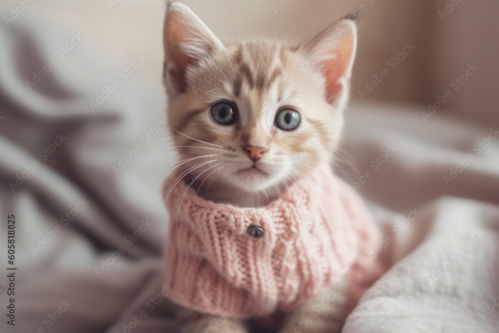 Cute cat or kitten dressed in a pink sweater. Ai generated Cute cat or kitten dressed in a pink sweater. Ai generated