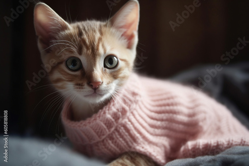 Cute cat or kitten dressed in a pink sweater. Ai generated © dragomirescu