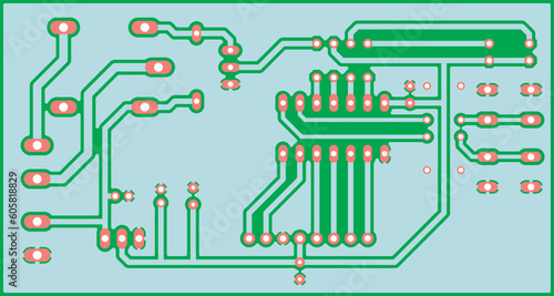 Electric background. Vector pcb pattern. 
Printed circuit board of an electronic 
device with
conductors and contact pads placed on it. 
Engineering drawing of a pcb. 