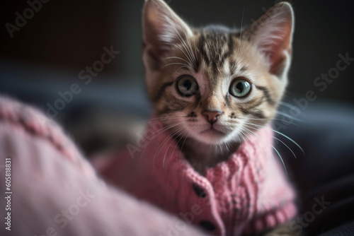 Cute cat or kitten dressed in a pink sweater. Ai generated © dragomirescu