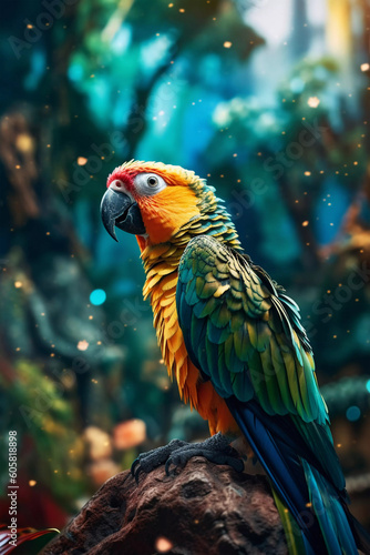Colorful parrot in the jungle. Vibrant beauty of tropical wildlife. Created with Generative AI © mgorak