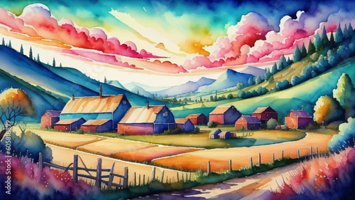 watercolor background, Village life, Nature background. Hand-drawn rural scene Landscape Illustration Background, Watercolor landscape painting colorful of village, Watercolor landscape original paint