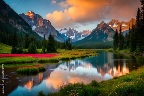 A tranquil mountain meadow dotted with colorful wildflowers  surrounded by majestic peaks