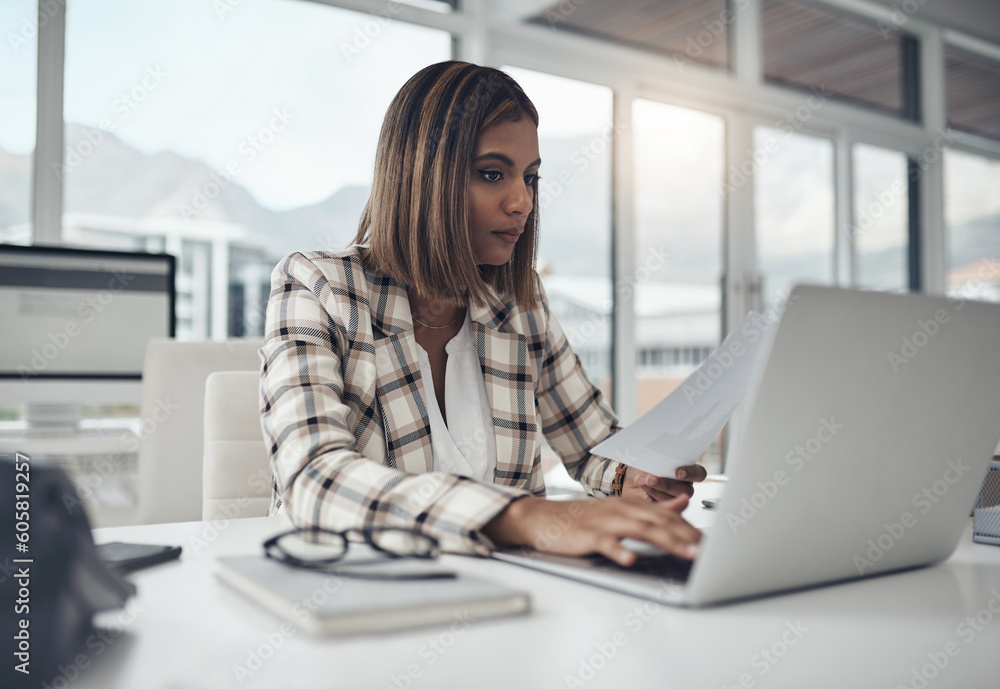 Laptop, data documents and woman typing in office workplace for business. Paperwork analysis, computer and female person reading info for analyzing analytics, graphs or charts for finance statistics. Laptop, data documents and woman typing in office workplace for business. Paperwork analysis, computer and female person reading info for analyzing analytics, graphs or charts for finance statistics.