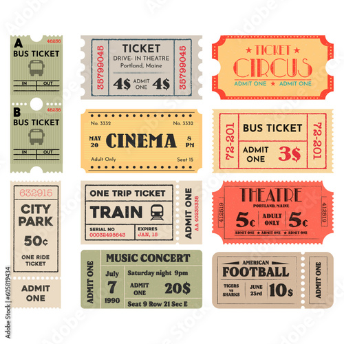 Set of retro tickets. Vintage cinema, concert, ride, theater, game tickets. Old paper travel ticketing. Vector collection.