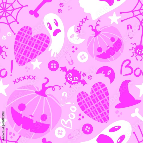 Halloween cartoon pumpkins seamless ghost and moon and bats and spider and witch hat pattern for wrapping