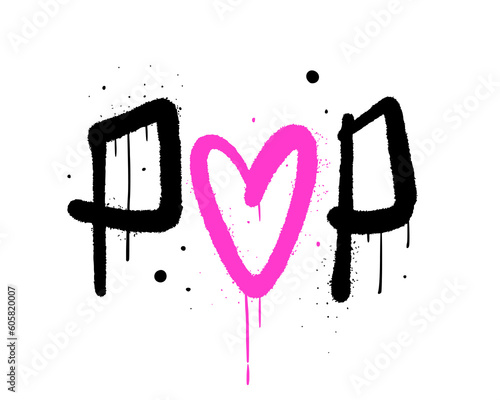Y2k glamour girly print for pop fans. Retro urban street art style. Graffiti text of Pop. Glam punk artwork design. Vintage concept of podcast, party, ads. Nostalgia for 1990s -2000s. 