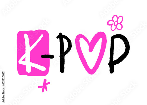 Kawaii print for kpop fans. Retro urban style grunge drawing with cute slogan text. Graffiti tagging of K-pop. Spray effect for pink, cover, t shirt, streetwear - Vector artwork.