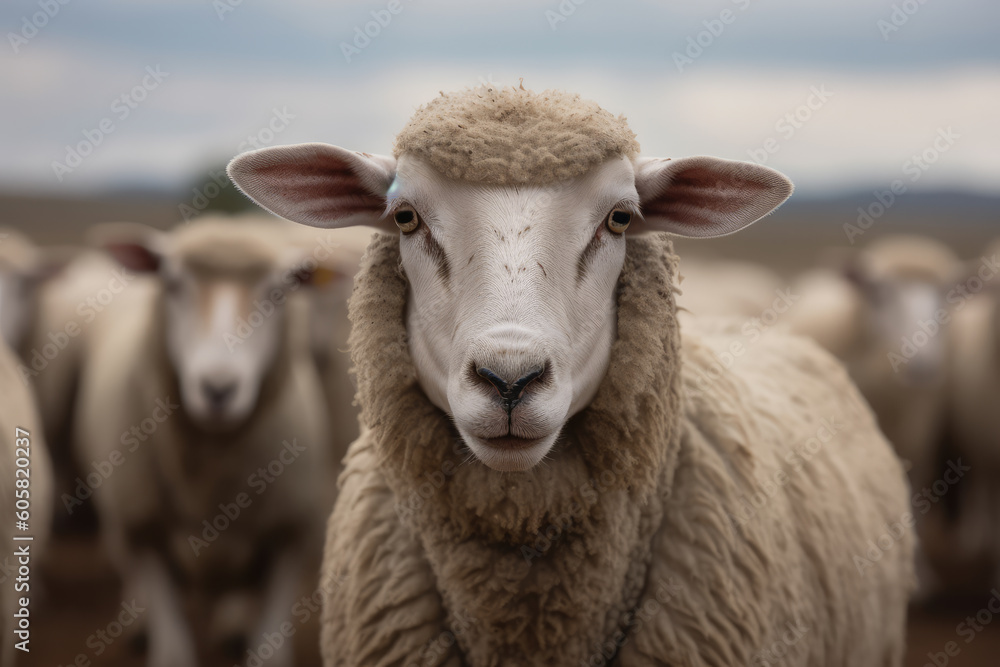 sheep looking at the camera in a farm pasture, beautiful background, farm background, hyperrealistic, ai generated.