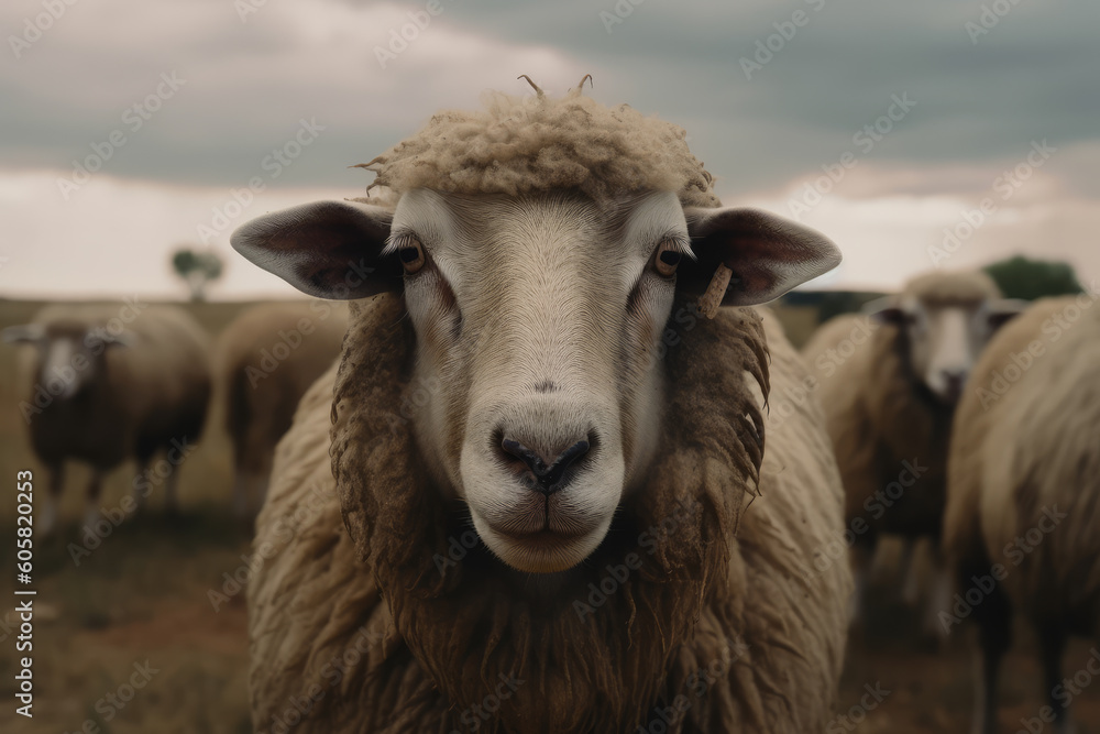 sheep looking at the camera in a farm pasture, beautiful background, farm background, hyperrealistic, ai generated.