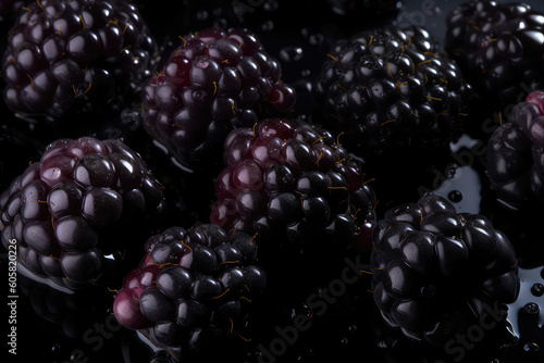 A close-up of many delicious blackberries. Berry horizontal wallpaper. Black ripe berries, summer vitamins, sweet blackberries. Generative AI professional photo imitation.