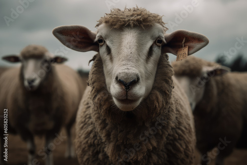 sheep looking at the camera in a farm pasture, beautiful background, farm background, hyperrealistic, ai generated. © Giovanna