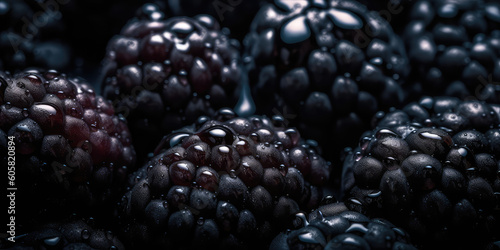 A close-up of the delicious blackberries in water. Berry horizontal wallpaper. Black ripe berries, summer vitamins, sweet blackberries. Generative AI professional photo imitation.