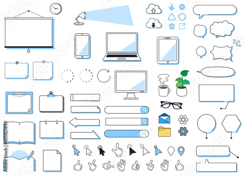 オフィスのインテリアのフレームセット(見出し　タイトル　メモ　パソコン　PC)