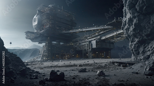 Fototapeta Naklejka Na Ścianę i Meble -  illustration of a base on the surface of an asteroid. - AI generated image.
