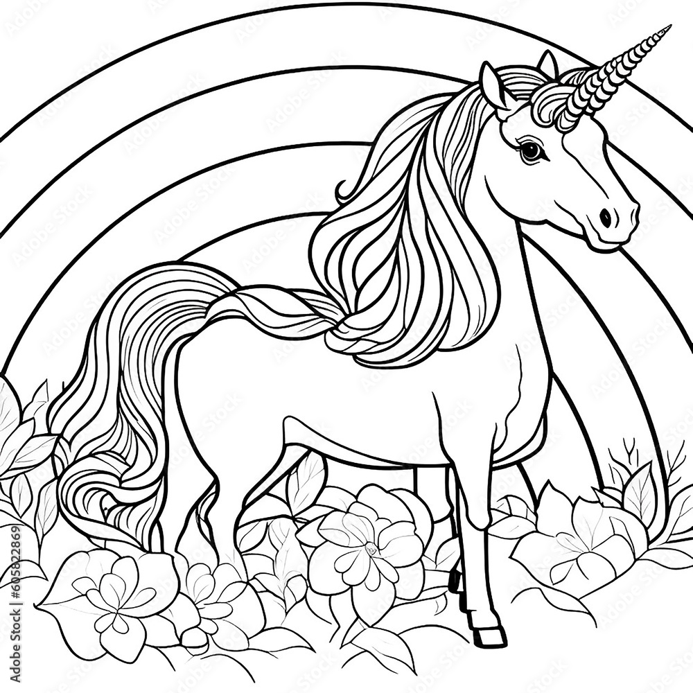 Cute unicorn with flowers and rainbow children's illustration. Black and white magical unicorn coloring page and sketch animals. 