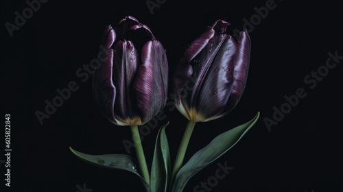 Bouquet of tulips on dark black background with copy space for text. Top view, mockup, flat lay composition, blog, website, social, Generative AI