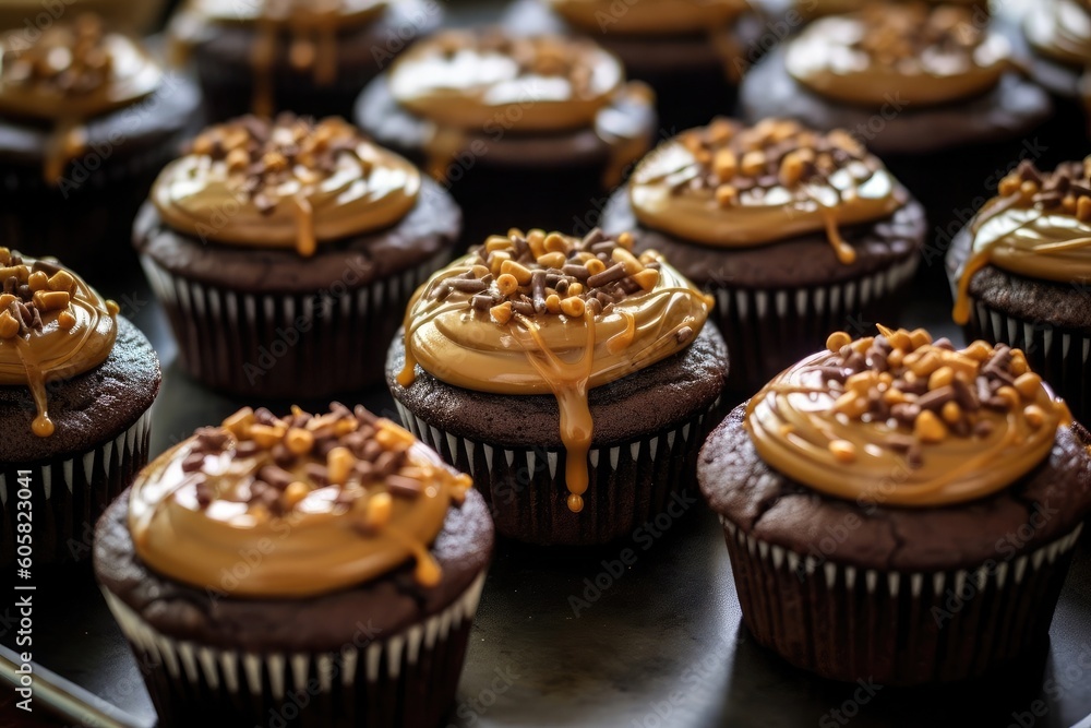 Decadent Double Dark Chocolate Cupcakes with Peanut Butter and caramel sauce. AI Generated Decadent Double Dark Chocolate Cupcakes with Peanut Butter and caramel sauce. AI Generated