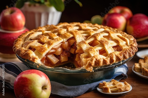 Luxurious Apple pie with golden lattice top with blurred apples in background. AI Generated