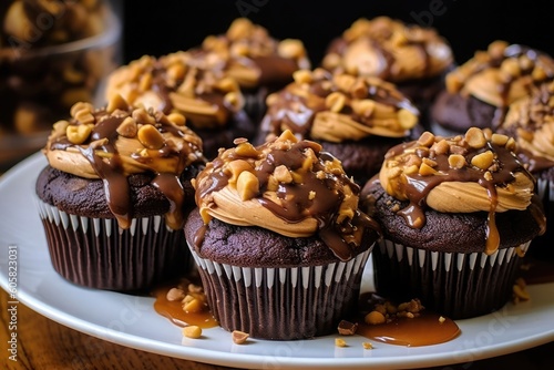 Luscious Double Dark Chocolate Cupcakes with Peanut Butter and chocolate sauce served on plate. AI Generated