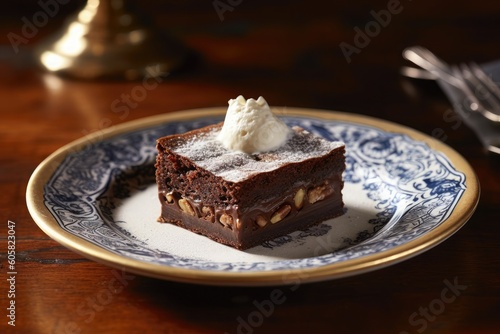 Luscious Brownie with dollop of fresh whipped cream and dusted with powdered sugar served on ornate plate with blurred background. AI Generated