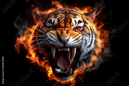 Roaring tiger head surrounded by fire and flames on black background - Generative AI