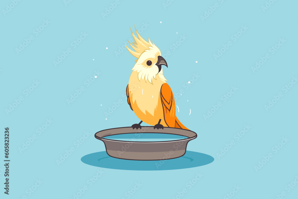 Doodle inspired Cockatiel at bird bath, cartoon sticker, sketch, vector
